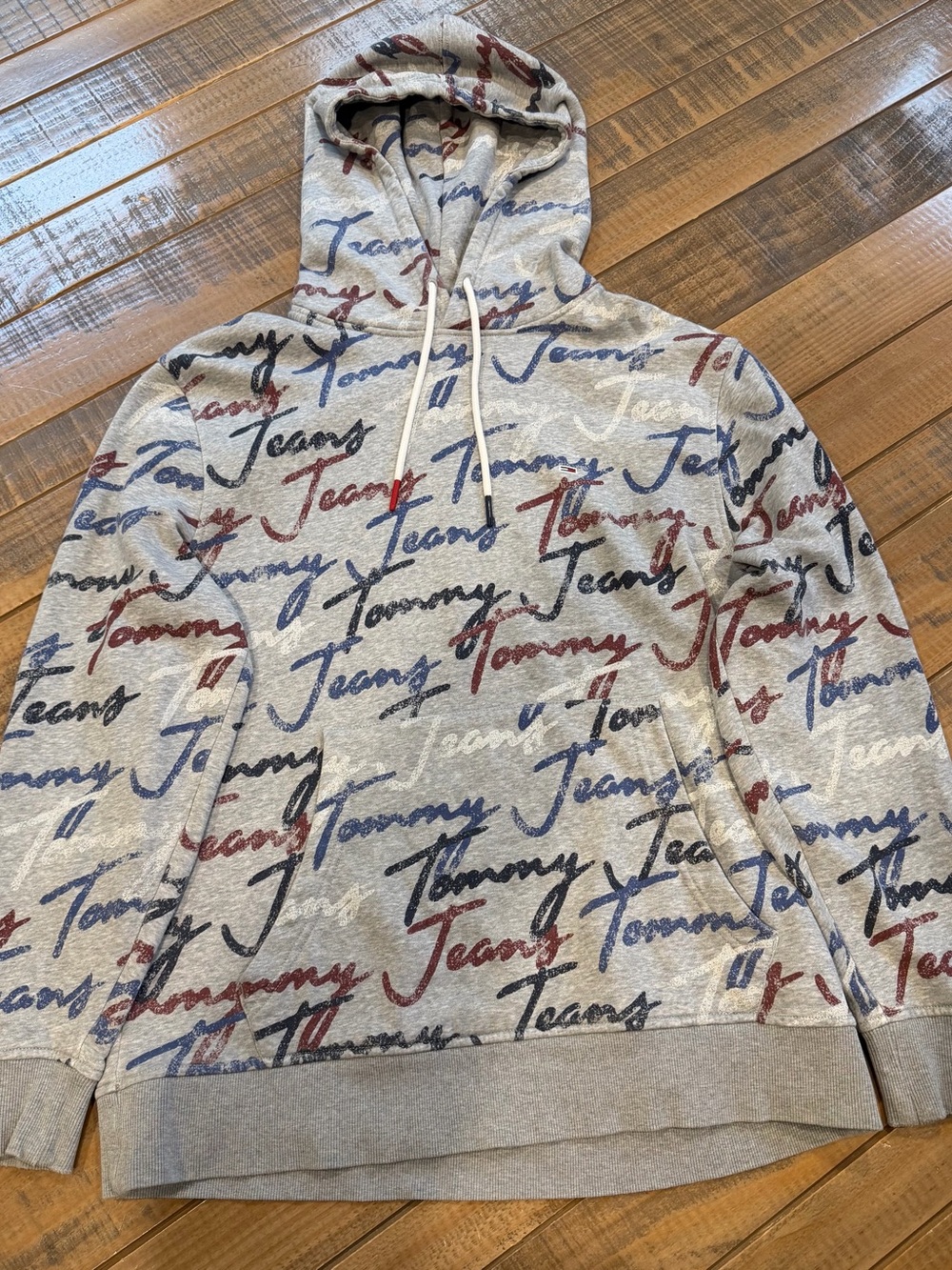 Tommy Jeans Gray Hoodie with Blue & Red Script Logo